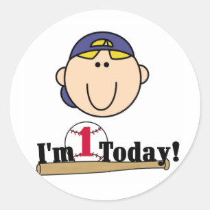 Pegatina Redonda Blond Boy Baseball Primera camiseta de cumpleaños