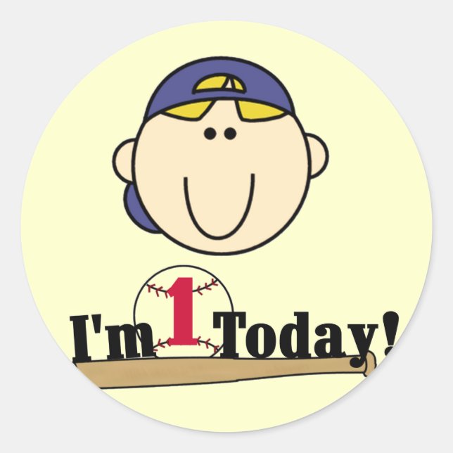 Pegatina Redonda Blond Boy Baseball Primera camiseta de cumpleaños (Anverso)