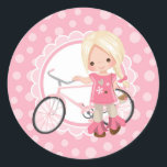 Pegatina Redonda Blonde Bicycle Girl - Pink White<br><div class="desc">This design features a cute blonde girl with her pink bicycle. On pink and white cute scallop accent background.</div>