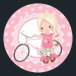 Pegatina Redonda Blonde Bicycle Girl - Pink White<br><div class="desc">This design features a cute blonde girl with her pink bicycle. On pink and white cute scallop accent background.</div>
