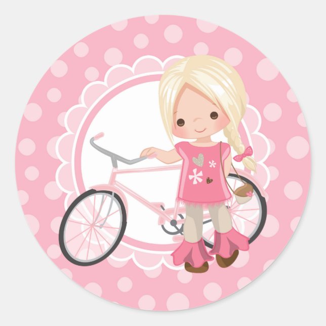 Pegatina Redonda Blonde Bicycle Girl - Pink White (Anverso)