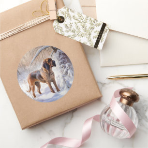 Pegatina Redonda Bloodhound Deja que nieve Navidad
