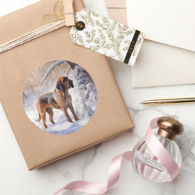 Pegatina Redonda Bloodhound deja que nieve Navidades (Regalar)