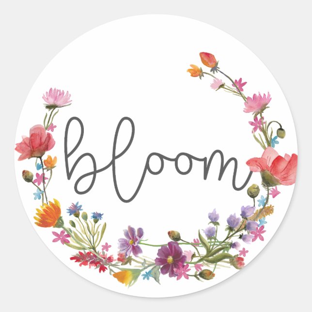 Pegatina Redonda Bloom, cita Inspiradora Wildflowers Boho (Anverso)