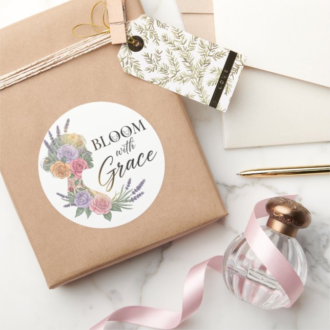 Pegatina Redonda Bloom con Grace Elegent Floral Woman Silhouette (Regalar)