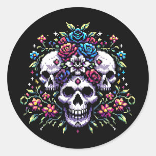 Pegatina Redonda Bloom gótico - Mítico Skull Pixel Art