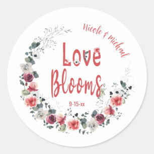 Pegatina Redonda Blooms Amor Novia Personalizada Boda Groom