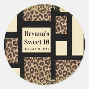 Pegatina Redonda Bloque de Color Crema Marfil Negro & Leopardo Guep