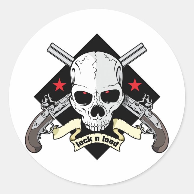 Pegatina Redonda Bloquear y cargar el cráneo (Anverso)