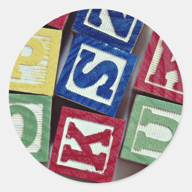 Pegatina Redonda Bloques de madera con alfabetos para niños (Anverso)