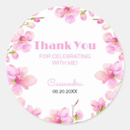 Pegatina Redonda Blossom de cerezo rosa pastel suave cumpleaños Sak