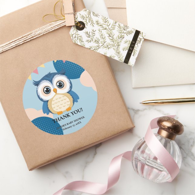 Pegatina Redonda Blue Adorable Woodland Baby Owl Baby Shower (Regalar)