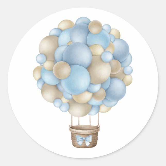Pegatina Redonda Blue Air Balloon Boy Baby Shower (Anverso)