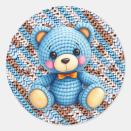 Pegatina Redonda Blue and Brown Crocheted Teddy Bear 