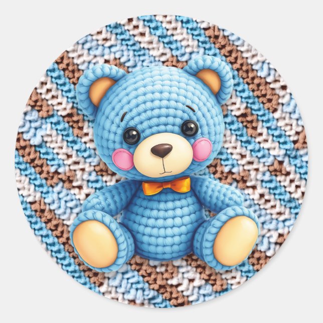 Pegatina Redonda Blue and Brown Crocheted Teddy Bear  (Anverso)