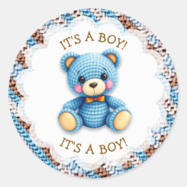 Pegatina Redonda Blue and Brown Crocheted Teddy Bear It's a Boy