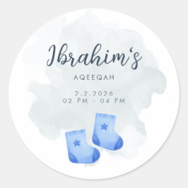 Pegatina Redonda Blue and Tan Watercolor Aqeeqah Baby Boy Sticker
