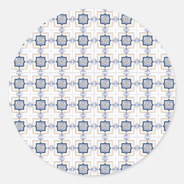 Pegatina Redonda Blue and white geometric pattern  (Anverso)