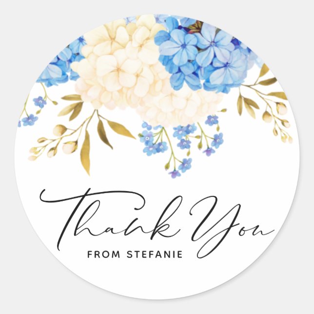 Pegatina Redonda Blue and White Hydrangea Floral Birday Gracias (Anverso)