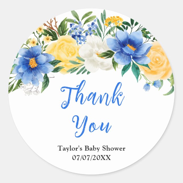 Pegatina Redonda Blue and Yellow Floral Baby Shower Thank You (Anverso)