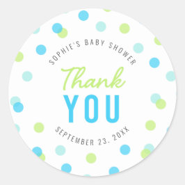Pegatina Redonda Blue Aqua Green Confetti Baby Shower Gracias