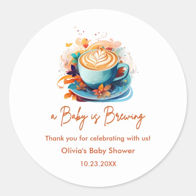 Pegatina Redonda Blue Baby is Brewing Coffee Baby Shower Thank You  (Anverso)