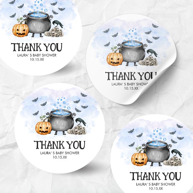 Pegatina Redonda Blue Baby is Brewing Halloween Baby Shower (Blue Baby is Brewing Halloween Baby Shower Round Sticker)