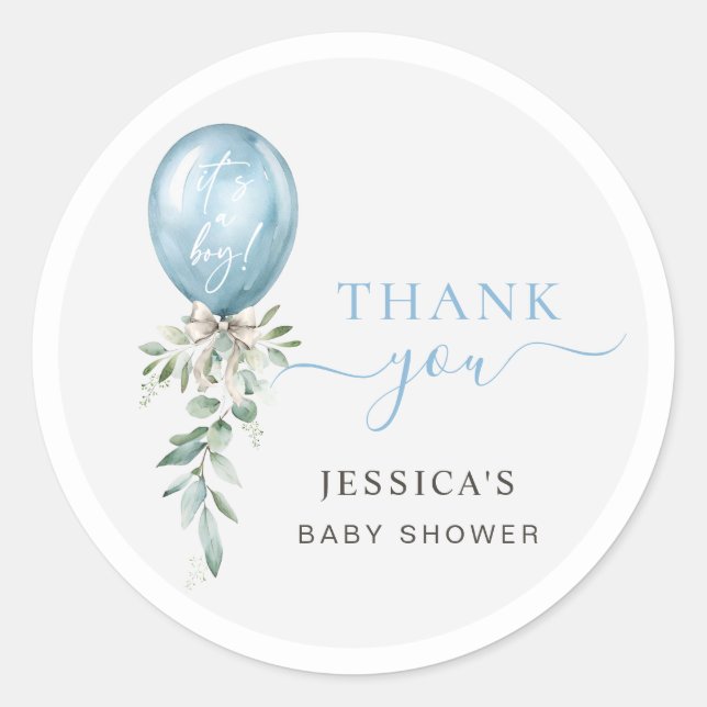 Pegatina Redonda Blue Balloon Bow Greenery Baby Shower Thank You (Anverso)