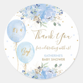 Pegatina Redonda Blue Balloons Floral Baby Shower Gracias Por Favor