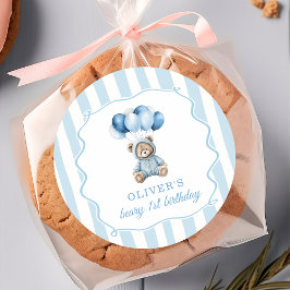 Pegatina Redonda Blue Balloons Teddy Bear Birthday Sticker