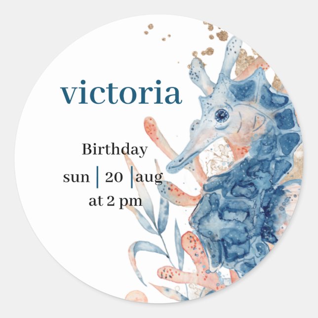 Pegatina Redonda  Blue Beach seahorse shell sea babyShower  (Anverso)