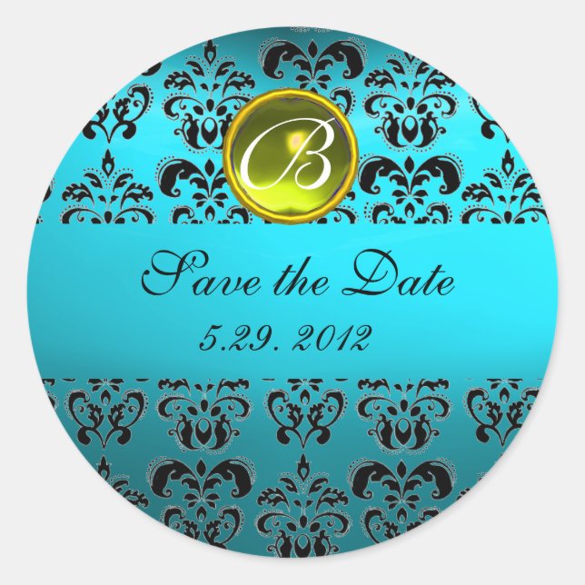 Pegatina Redonda BLUE BLACK DAMASK MONOGRAM ,turquesa amarillo (Anverso)