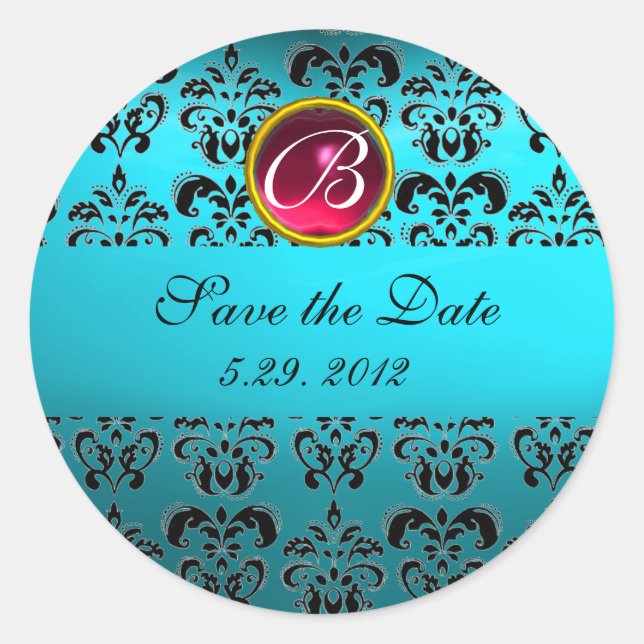 Pegatina Redonda BLUE BLACK DAMASK MONOGRAM, turquesa de rubí roja (Anverso)