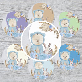Pegatina Redonda Blue Boho Bear Moon Bunny Floral
