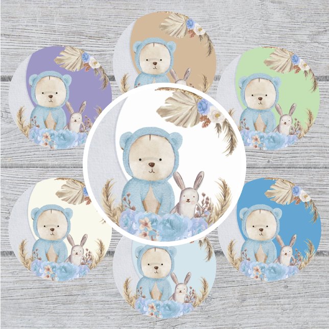 Pegatina Redonda Blue Boho Bear Moon Bunny Floral (Subido por el creador)