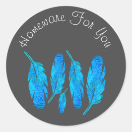 Pegatina Redonda Blue boho plumas azul y gris