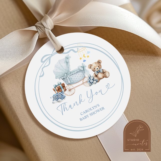 Pegatina Redonda Blue Bow Carriage Baby Shower Thank You Sticker (Subido por el creador)