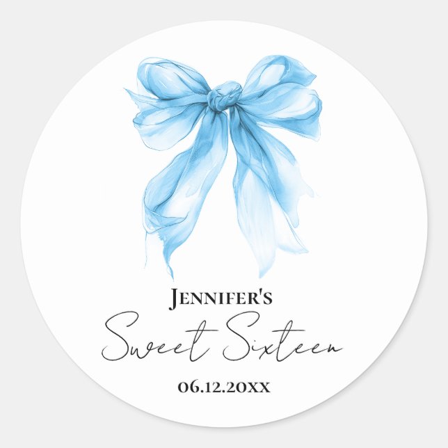 Pegatina Redonda Blue Bow Coquette Script Sweet 16 Party  (Anverso)