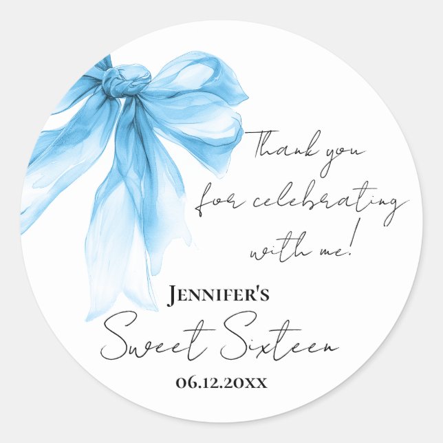 Pegatina Redonda Blue Bow Coquette Script Sweet 16 Thank You  (Anverso)