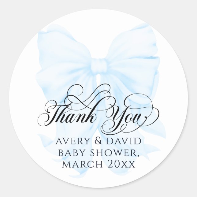 Pegatina Redonda Blue Bow Modern Elegant boy Baby Shower (Anverso)