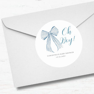 Pegatina Redonda Blue Bow Oh Boy Baby Shower