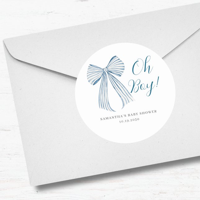 Pegatina Redonda Blue Bow Oh Boy Baby Shower (Subido por el creador)