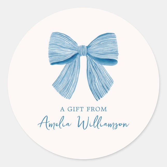 Pegatina Redonda Blue Bow Personalized Classic Preppy A Gift From (Anverso)