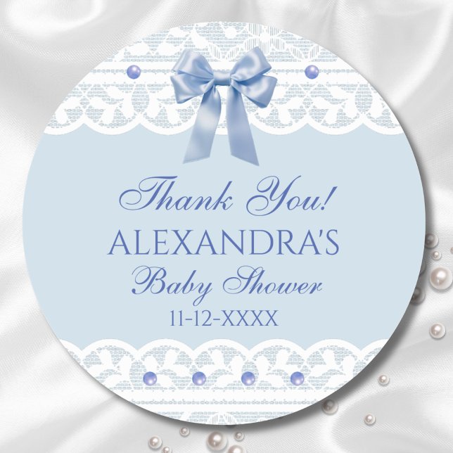 Pegatina Redonda Blue Bow Regency Lace Baby Shower Gracias (Subido por el creador)