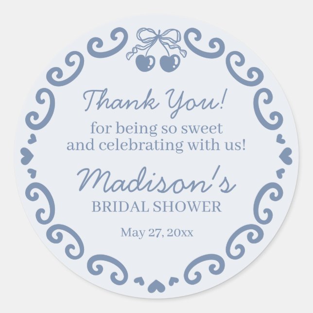 Pegatina Redonda Blue Bow Retro Heart Coquette Cake Bridal Shower (Anverso)