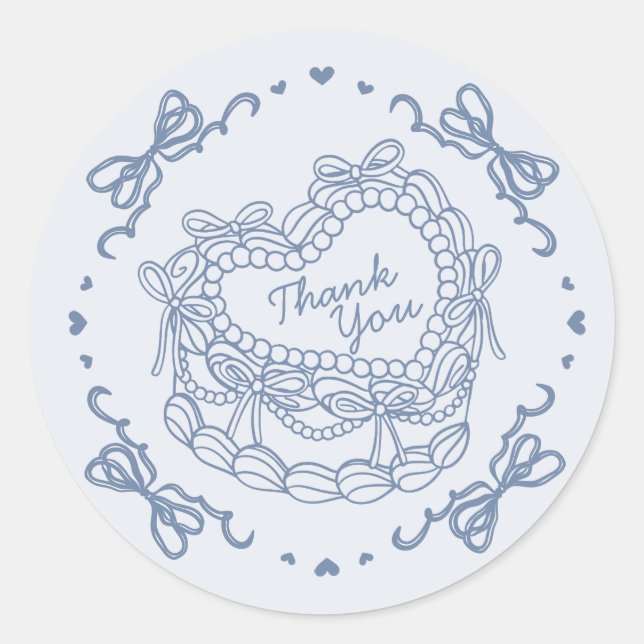 Pegatina Redonda Blue Bow Retro Heart Coquette Cake Gracias (Anverso)