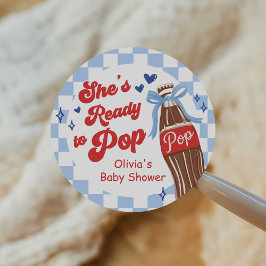 Pegatina Redonda Blue Bow She's Ready to Pop Baby Shower