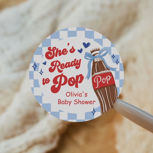 Pegatina Redonda Blue Bow She's Ready to Pop Baby Shower (Subido por el creador)