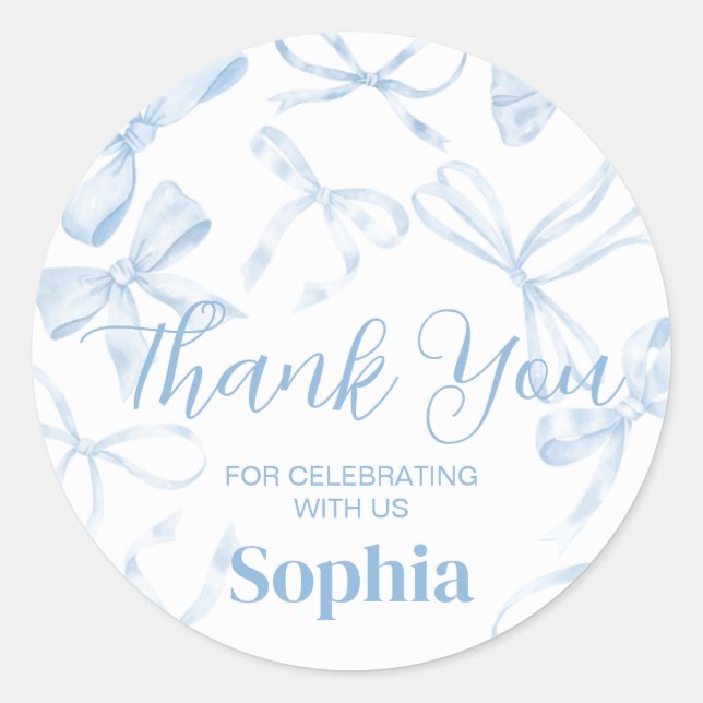 Pegatina Redonda Blue Bow Sweet 16th Birthday Party (Anverso)