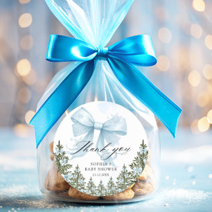 Pegatina Redonda Blue Bow Winter Baby Shower Gracias